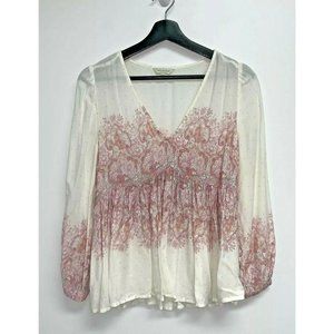 Lucky Brand Womens Peasant Top Size XS Pink Off White Lavender Boho Blouse Shirt